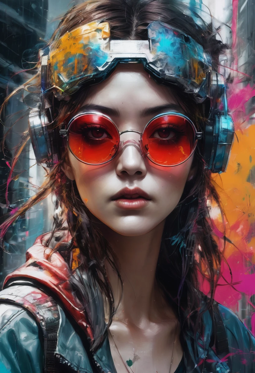 设计一幅数字Art work,Portraying a futuristic femme fatale,, reflective glass glasses and a Smooth, High-tech texture, Center, Nearly perfect, Dynamic, Very detailed, Art Station, Concept Art, Smooth, Clear focus, illustration, Art work:carne griffiths 和 wadim kashin, Graffiti airbrush technique, HD, Accent Lighting, Contrast with bright paint colors