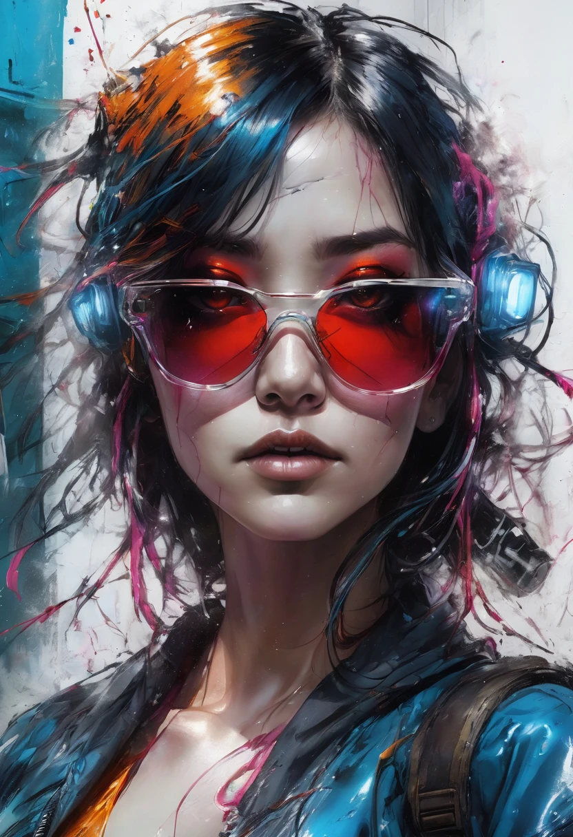 设计一幅数字Art work,Portraying a futuristic femme fatale,, reflective glass glasses and a Smooth, High-tech texture, Center, Nearly perfect, Dynamic, Very detailed, Art Station, Concept Art, Smooth, Clear focus, illustration, Art work:carne griffiths 和 wadim kashin, Graffiti airbrush technique, HD, Accent Lighting, Contrast with bright paint colors