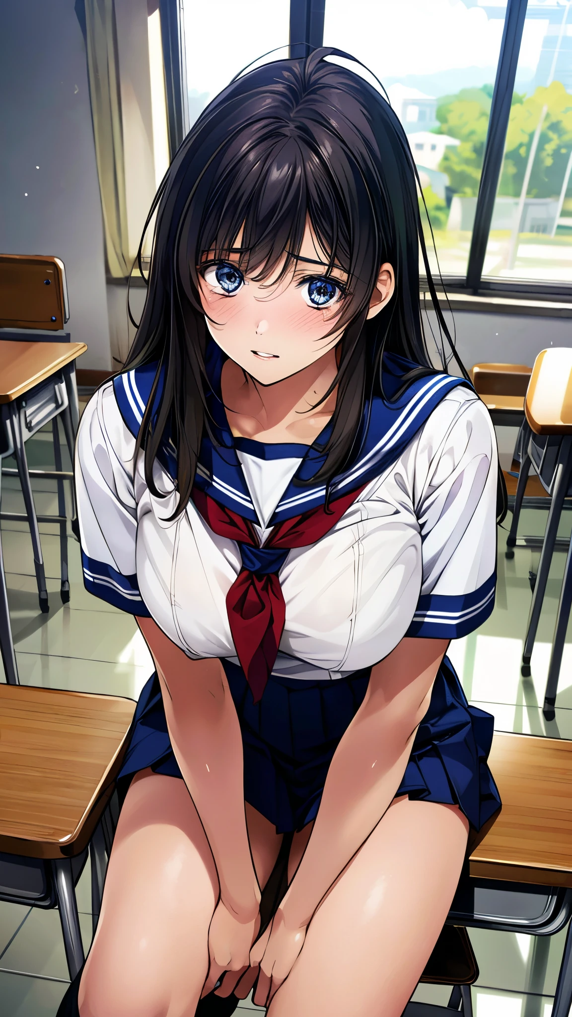 (masterpiece:1.2, top-quality, ultra high res, ultra detailed), (realistic, photorealistic:1.2), beautiful illustration, perfect lighting, natural lighting, colorful, depth of fields, nsfw, vulgality, 
beautiful detailed hair, extremely detailed face, beautiful detailed eyes, beautiful clavicle, beautiful body, beautiful chest, beautiful thigh, beautiful legs, beautiful fingers, 
looking at viewer, (from above), 1 girl, kitamurakaori, (perfect anatomy, anatomically correct, super detailed skin), cute and symmetrical face, 
perfect face, perfect eyes, perfect body, perfect fingers, (skindentation), white skin, shiny skin,  
(long hair, straight hair, messy hair:0.6, black hair), swept bangs, blue eyes, drooping eyes, long eyelashes, (large breasts, seductive thighs), slender, outstanding style, 
(detailed cloth texture), short sleeve, blue sailor suit, pleated skirt, red sailor scarf, black socks, 
(beautiful scenery), evening, (school classroom), sitting on desk, (docile, parted lips), 