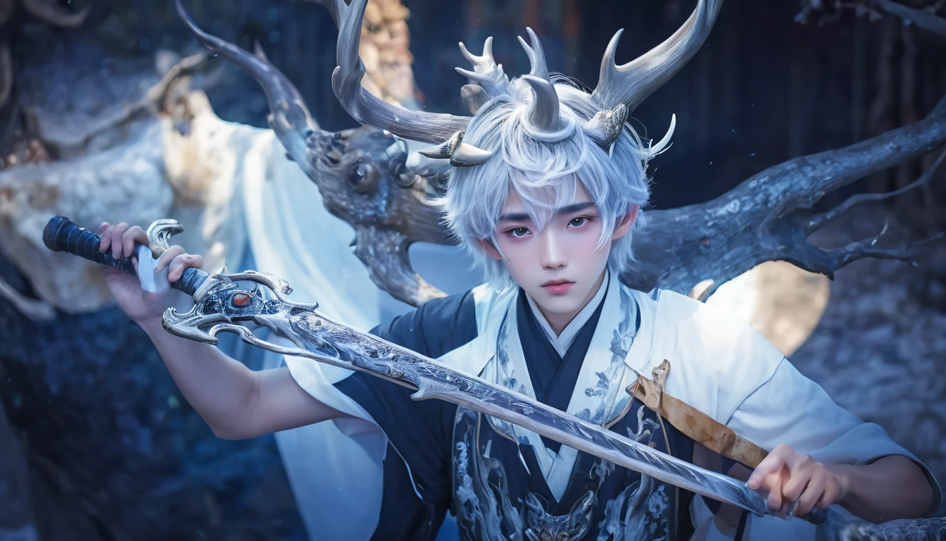 (absurdres, highres, ultra detailed, HDR), masterpiece, 1 boy, 22 years old, best quality, chinese style , short silver hair, deer horn above his head, handsome boy, anime eyes, detailed scebe, detailed character, realistic. 