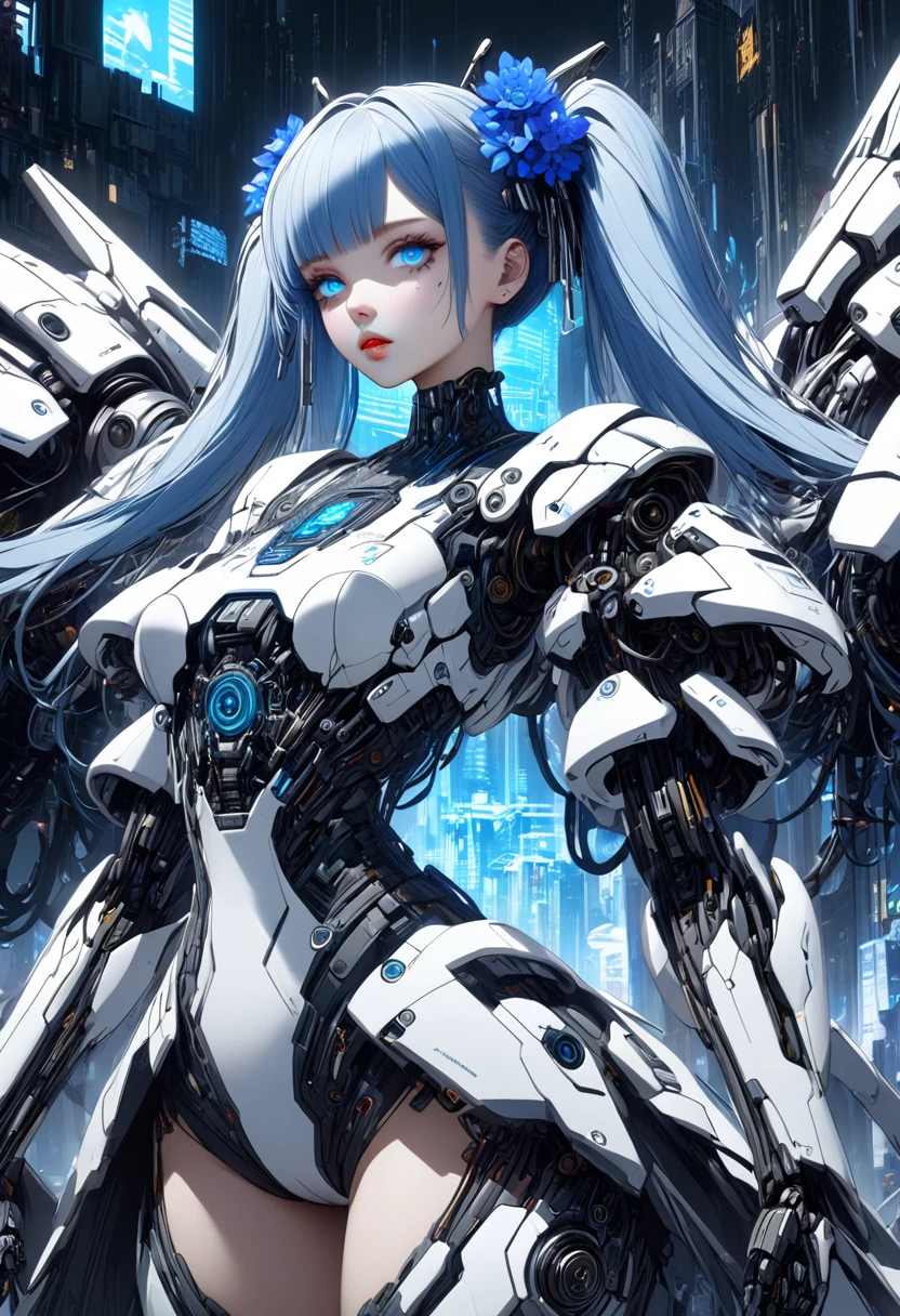 1 girl, robot girl, blue hair, twin tails, blue eyes, beautiful detailed eyes, beautiful detailed lips, extremely detailed eyes and face, long eyelashes, blue and white robot-like barrette, Gorgeous white and blue gothic ****ta clothing in a cyberpunk style, you can see the mechanism from your body and clothes, sky blue neon light shines from clothes, holding a bouquet of blue flowers made by a machine, background, white futuristic city, (best quality,4k,8k,highres,masterpiece:1.2),ultra-detailed,concept art,digital painting,intricate details,science fiction,neon,vibrant colors,dramatic lighting