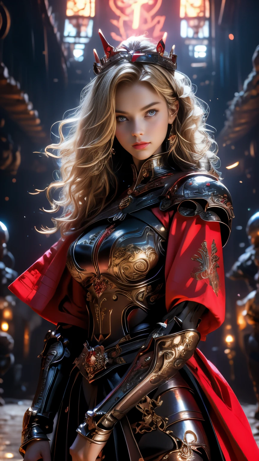 best quality, 4K, high resolution, masterpiece:1.2, Very detailed,(front:1.9), (Practical, Practical, Reality:1.6), Energetic, Red and blue eyes，Strong gaze，Seductive eye contact，Bright red iris，Stars shining in the deep blue，Bright Eyes，Energetic colors，（frontを向く:1.5)，Fantasy Art,(masterpiece:1.2, best quality), (Practical, photoPractical:1.4), Fine quality illustrations, (Natural side light, Cinema Lighting), Looking at the audience, Upper Body,((best quality)), ((masterpiece)), (Very detailed:1.3),Woman in black armor, Long hair. Holding a high-level sword in the right hand, Armored battle scene, Very cute face, Very slim body, Very slim, Small waist, Super perfect big , Perfect big breasts, Smooth skin, Silky hair, blue eyes, 16 years old, Red robe,Blue headscarf with princess crown , Luxurious golden pattern armor,  Blonde, Fighting Style, Red lips, blush, nipple , 