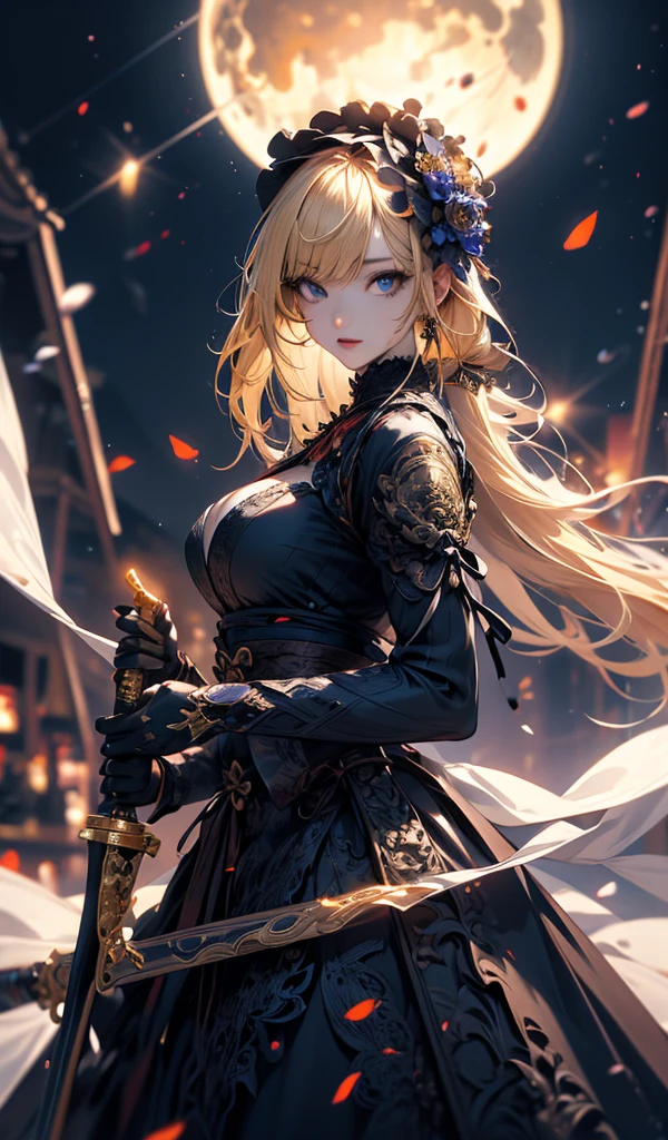 masterpiece, high quality, 4K, Beautiful design, silhouette，blonde， 非常に詳細な夜のStarry Sky,Flower Field， wonderful, Finer details,  A very knowledgeable female demon, Highly detailed solo, 1 female,Big Breasts，Gothic Lolita Fashion，２Hold the gun in front of your chest.，Night view，Starry Sky，full moon，