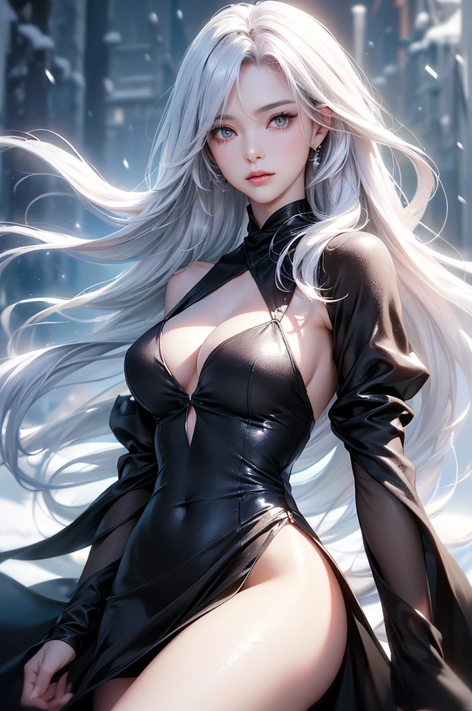 ((masterpiece:1.5、8k、Tabletop、フォトリアリスティックでVery detailedなCG、Very detailed、Particle Effects、Dynamic Effects、Shallow depth of field、Cinematic Light、Lens flare、Ray Tracing、Tabletop、Realistic:1.4、Ultra-high resolution:1.2、Realistic、Realistic))((alone、,A woman wearing a black cashmere coat over a halter neck dress:1.4、Elegant woman posing、Detailed face、bright表情、young, bright, Whiter skin、Medium chest、Beautiful cleavage、Best Looks、Asian、Ultimate beauty、bright and shiny hair,、Super long, Silky straight hair、Hair dancing in the wind))(morning、The setting is outdoors in the snow、Crystal of snow)((shiny white hair))