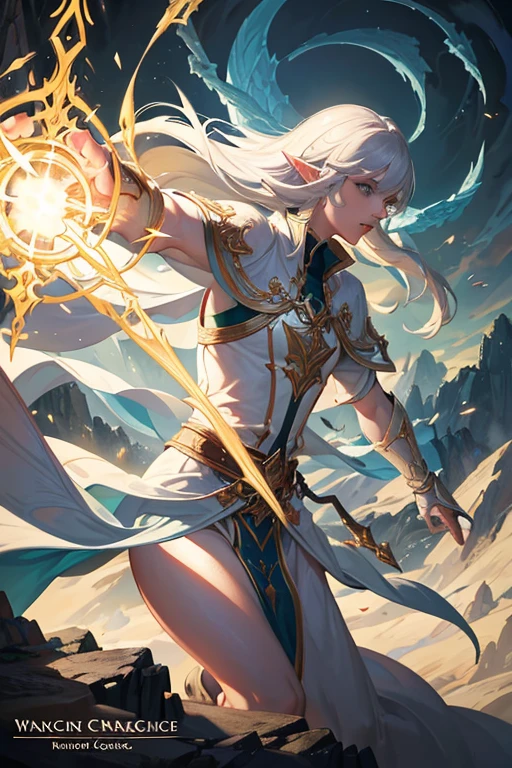 a white-haired elf mage wielding a magical staff, fighting a mighty dragon, fantasy landscape, cinematic lighting, highly detailed, intricate art, epic scale, dynamic action pose, vibrant colors, dramatic atmosphere, photorealistic, 8k, award-winning digital art