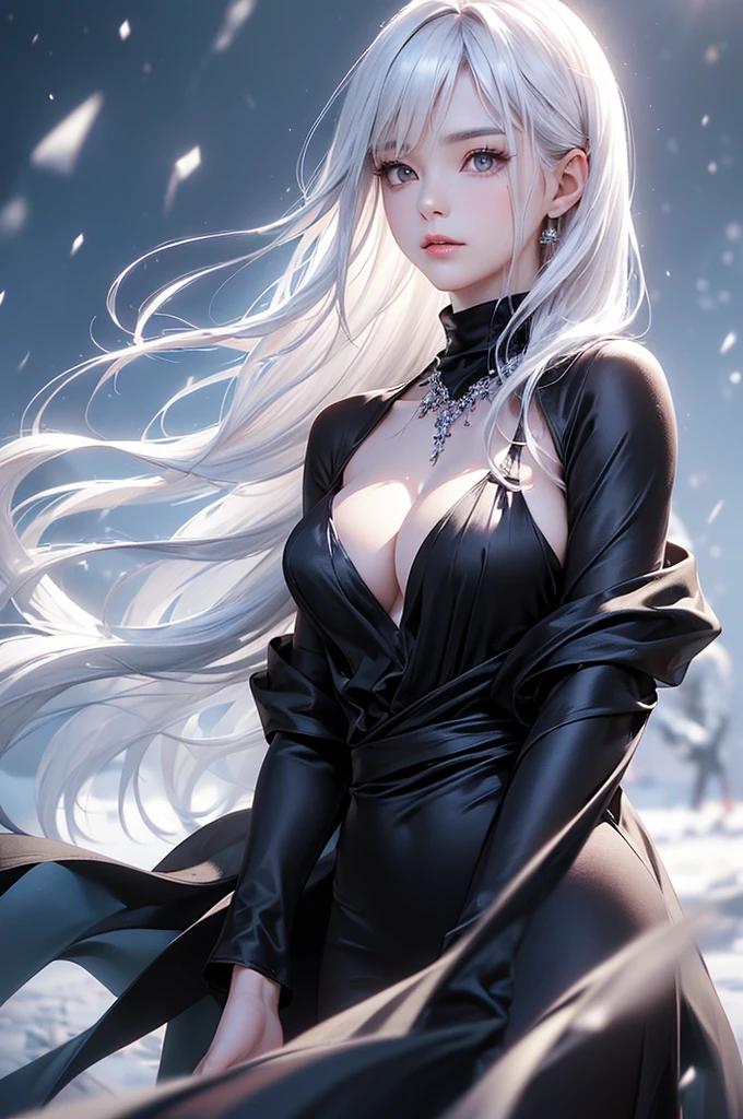 ((masterpiece:1.5、8k、Tabletop、フォトリアリスティックでVery detailedなCG、Very detailed、Particle Effects、Dynamic Effects、Shallow depth of field、Cinematic Light、Lens flare、Ray Tracing、Tabletop、Realistic:1.4、Ultra-high resolution:1.2、Realistic、Realistic))((alone、,A woman wearing a black cashmere coat over a halter neck dress:1.4、Elegant woman posing、Detailed face、bright表情、young, bright, Whiter skin、Medium chest、Beautiful cleavage、Best Looks、Asian、Ultimate beauty、bright and shiny hair,、Super long, Silky straight hair、Hair dancing in the wind))(morning、The setting is outdoors in the snow、Crystal of snow)((shiny white hair))