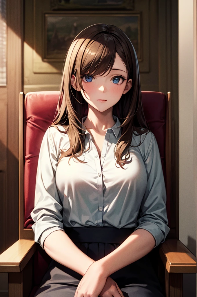 alone, One girl, masterpiece, Highest quality, Very detailed, Cinema Lighting, Intricate details, High resolution, Official Art, Beautifully detailed face and eyes, High resolutionのイラスト, 8k, Dark intense shadows, Exposure, [Blonde/Brown Hair], Single Blade, blue eyes, , Sitting in a chair, Upper Body, chest, White shirt, , library, ((vine)), Rose, Looking at the audience