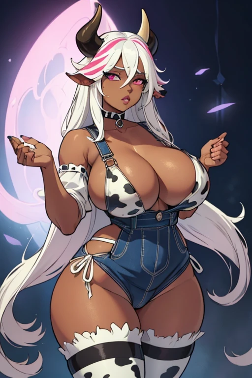 8k_wallpaper, extremely detailed eyes, extremely detailed body, (large masterpiece digital art), (detailed manga illustration), (detailed line art), ((perfect anatomy)), (intricate details:1.3), (ultra-detailed:1.3), (illustration:1.3), (sharp focus:1.3), (natural lighting:1.05), (vivid colors:1.3), (masterpiece), (best quality:1.4), (perfect anatomy:1.4), high quality, expressive eyes, full body, tall girl, detailed face, beautiful face, perfect face, detailed ((white hair)), (black hair), (pink eyes), {{dark skin}}, ({dark skinned female}), cow girl, gigantic breasts, thick thighs, very long hair, bare shoulders, denim, (blue overalls), overalls, dynamic lighting, cow print, high resolution, 4k resolution, dynamic pose, silver jewelry, {fantasy farm background}, choker, (cow ears), {{cow tail}}, (tail), ((streaked hair)), wide hips, thighhighs, horns, {cow horns}, animal ears, skin dentation, curvy, plump,