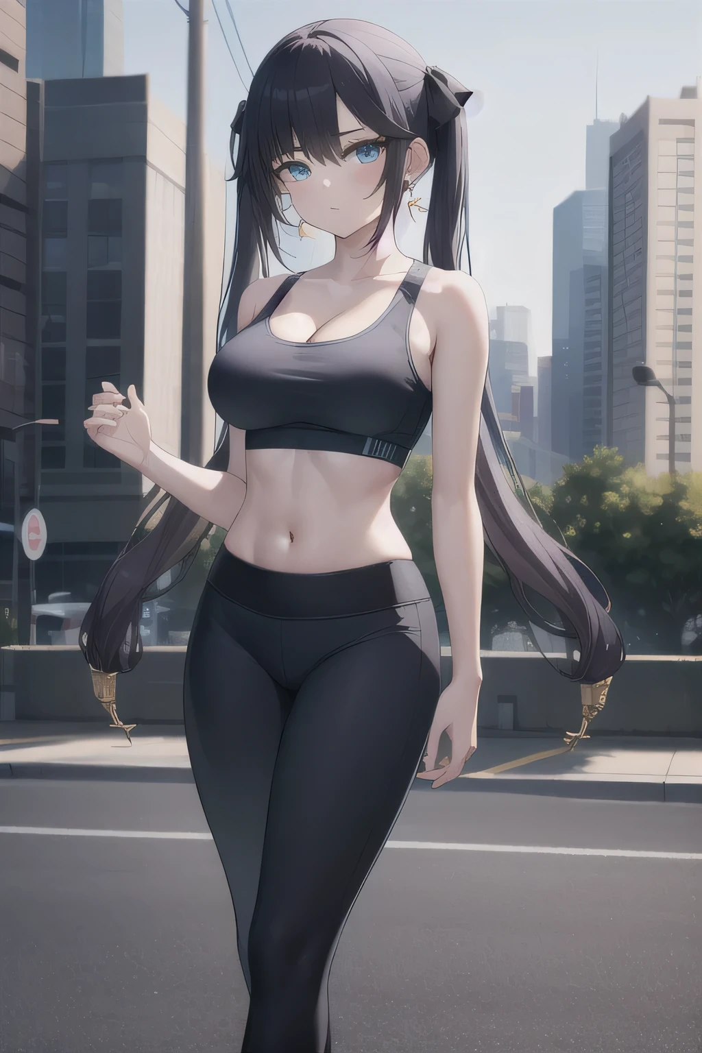 One girl、Monamegistuona、solo、Blue eyes、Hair between the eyes、Twin tails、hair bow、Very long hair、Purple Hair、Big Breasts、(Large Breasts:1.2)、Earrings、Green sports bra、Black yoga pants、cleavage、naval、collarbone、midriff、High heels、sports bra with an green、yoga pants with an black、Long Hair、sports bra and yoga pants only、BREAK outdoors、city、BREAK looking at viewer、BREAK (masterpiece:1.2)、Highest quality、High resolution、unity 8k wallpaper、(figure:0.8)、(Beautiful attention to detail:1.6)、Highly detailed face、Perfect lighting、Highly detailed CG、(Perfect hands, Perfect Anatomy)、Are standing