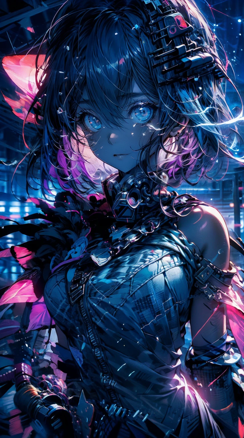 master painting,Optimal quality,rain,Adult women,beauty、Very depressing,With short black hair,is crying,When I look up at the cloudy sky、Neon city in the background、Neon color is blue.