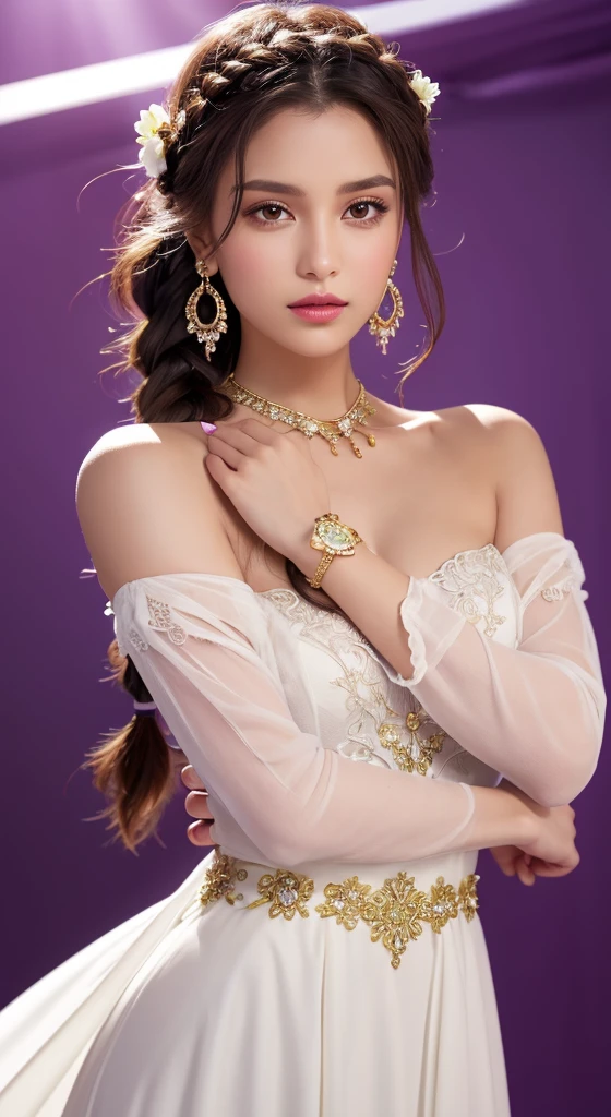 Stellar poses with poise in front of a stunning purple backdrop, her brown skin radiant under cinematic lighting (f/1.4). She wears a breathtaking white medieval gown with green belt and intricate flower details, her piercing brown honey eyes sparkling with happiness. Her flawless face, painted red lips, and subtle eyeliner are framed by short braided hair, standing strong against the vibrant purple surface. A gold bracelet, earrings, and soft studio light enhance her confidence as she wears a delicate purple-white ribbon around her neck, set in 9:16 aspect ratio.A captivating Latina model with short braided hair and brown skin stands out against a vibrant purple backdrop, framed within a 9:16 aspect ratio. She confidently poses in a stunning white medieval gown, adorned with green accents, intricate flower details, and a flowing train. The cinematic lighting, mimicking an aperture of f/1.4, accentuates her piercing brown honey eyes, surrounded by smooth skin texture, defined facial features, and subtle makeup. A gold bracelet, earrings, and soft studio light complement her confident demeanor as she wears a delicate purple-white ribbon around her neck