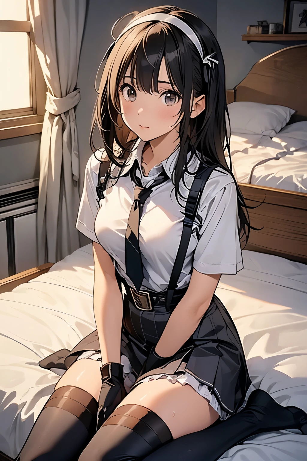 1 female, , high quality, masterpiece, Ultra-high resolution, , Cinema Lighting, , , And the suspenders with the cranes flying　　　Moderate breasts　 　 　　　　Large Breasts　 　 　　　　Small face　 　　　holster　　　　　　　 Lying in bed　Looking up　　　　Sweat 　　　belt　summer　脇Sweat 　Black Hole Gloves　suit　　　　 　garterbelt　Leg Links　ズボンにbelt　　holster　 　　Hands behind your back　 Anxious expression　Looking up　Anxious face　Knee-high　Knee socks　Knee-highソックス garterbelt　garter　ふとももにgarterbelt　Checkered mini skirt　Necktie Headband　ribbon