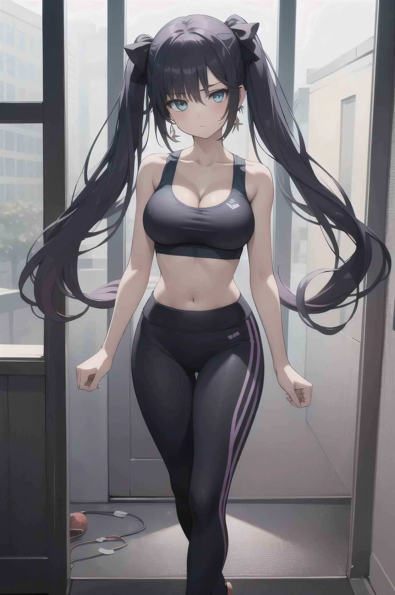 One girl、Monamegistuona、solo、Blue eyes、Hair between the eyes、Twin tails、hair bow、Very long hair、Purple Hair、Big Breasts、(Large Breasts:1.2)、Earrings、Green sports bra、Black yoga pants、cleavage、naval、collarbone、midriff、High heels、sports bra with an green、yoga pants with an black、Long Hair、sports bra and yoga pants only、BREAK outdoors、city、BREAK looking at viewer、BREAK (masterpiece:1.2)、Highest quality、High resolution、unity 8k wallpaper、(figure:0.8)、(Beautiful attention to detail:1.6)、Highly detailed face、Perfect lighting、Highly detailed CG、(Perfect hands, Perfect Anatomy)、Are standing