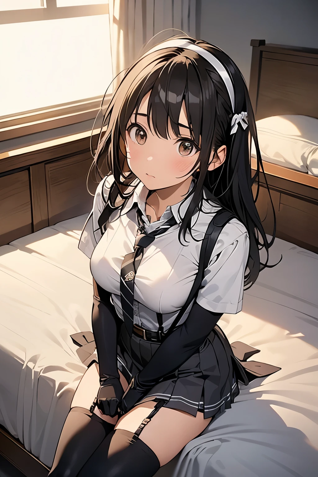 1 female, , high quality, masterpiece, Ultra-high resolution, , Cinema Lighting, , , And the suspenders with the cranes flying Moderate breasts Large Breasts Small face holster Lying in bed Looking up Sweat belt summer 脇Sweat Black Hole Gloves suit garterbelt Leg Links ズボンにbelt holster Hands behind your back Anxious expression Looking up Anxious face Knee-high Knee socks Knee-highソックス garterbelt garter ふとももにgarterbelt Checkered mini skirt Necktie Headband ribbon