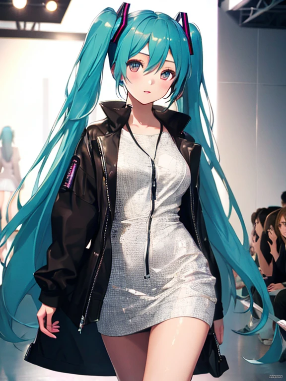 Runway,dress, Fashion Model, Hatsune Miku, (masterpiece), highest quality, 1girl, uhd, retina, masterpiece, ccurate, anatomically correct, textured skin, super detail, high details, high quality, best quality, highres, 4K