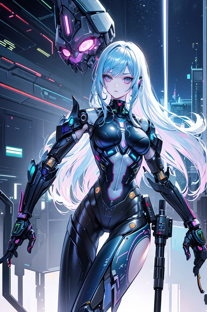 Mechanical Girlfriend, Cyborg Girl, Realistic Humanoid, Beautiful attention to detail, Metal limbs, Glowing Circuit, Futuristic costume, Intricate Design, Advanced robotics, Dynamic pose, Urban Background, Science fiction concept, Digital Rendering, High resolution, Very detailed, Vibrant colors, Soft pastel tones, Natural light