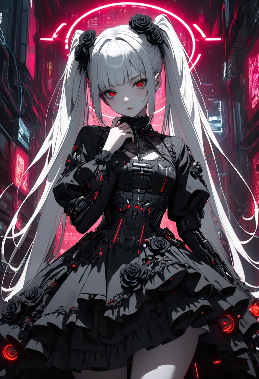 a beautiful girl with long red twin tails, red eyes, wearing a gorgeous black and white gothic lolita dress in a cyberpunk style, with many visible mechanisms and red neon lights shining from the clothes, against a pure white background with many black roses, in a bewitching pose, 1girl, robot style black and white barrette, (best quality,4k,8k,highres,masterpiece:1.2),ultra-detailed,cyberpunk,gothic lolita,intricate details,ornate,dramatic lighting,fine details,mechanical,red neon,black roses,high fashion,elegant,alluring,captivating