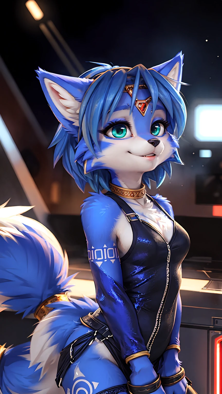 A beautiful and detailed (sweet portrait) wa ((krystal)), Star Fox krystal, sslim, green eyes, medium breasts, (((Long blue hair 1.3))), Decollete, look up, anthro, furry, Uploaded E621, detailed fluffy fur, (wa Fluff-Kevlar, Bayard Wu, personalize me, Pino Daeni), detailed face, (fluffy), 1 girl, alone, Sweet young girl, Blue skin-tight overall, Viewers look at, smile,
