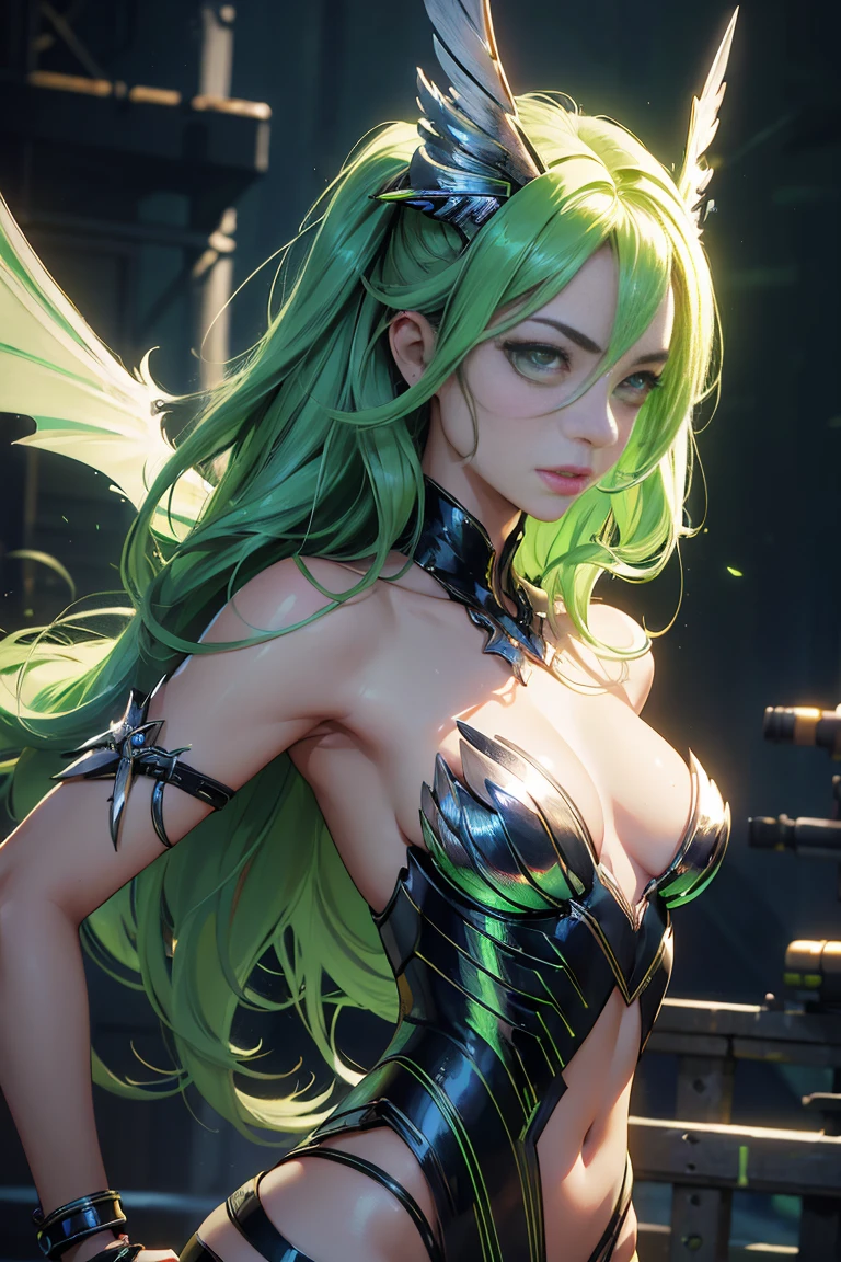 Maximum quality、Masterpiece artwork、super high resolution、(photorrealistic:1.4)、1 girl、Bright green long hair、slickedback hair, shiny and clean hair、(greeneyes), White and glowing skin、Sexy cyberpunk girl、((super realistic details))、ombre、octane rendering、ultra-sharp、hyper-detailed face、Fiberglass、Luminous tube、highly intricate details、Realistic Lumiere、CGSoação Trends、(greeneyes)、(Facing the camera)、neon details、Purple bat wings on the back, small bat wings on the head, mechanical cervical fixation to the neck、wires and cables connected to the head、((Valkyrie))、((Beam cannon))、Combat posture、((seductively pose:0.8))、(Lumiere_ssmile:1.0)、Variation of poses