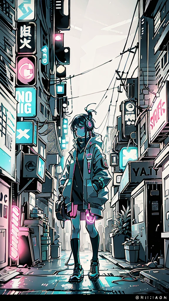 Girl wearing headphones at night, Cyberpunk City, neon lights,neon, fog, sketch, Stylized, artistic
