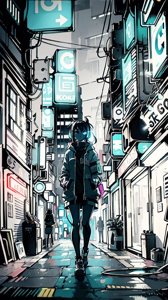 Girl wearing headphones at night, Cyberpunk City, neon lights,neon, fog, sketch, Stylized, artistic