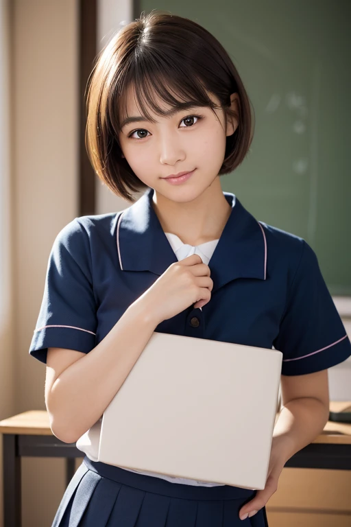 Highest quality, Face Focus, Soft Light, Ultra-high resolution, (Realistic:1.4), RAW Photos, 1 Japanese girl, alone, cute, (A shy smile:0.5), (Brown eyes, Light in your eyes), Beautiful face in every detail, (Small box),(High resolution detail of human skin texture), (Short Bob Hair), break, In the classroom,Navy uniform, Best, skirt