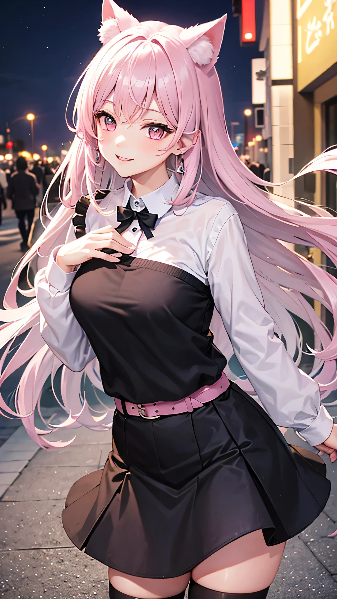 Center of chest,pretty girl,smile,Cat ear,Beautiful silver hair,Pink inside,Beautiful pink eyes,Oversized shirt、skirt、black tights
