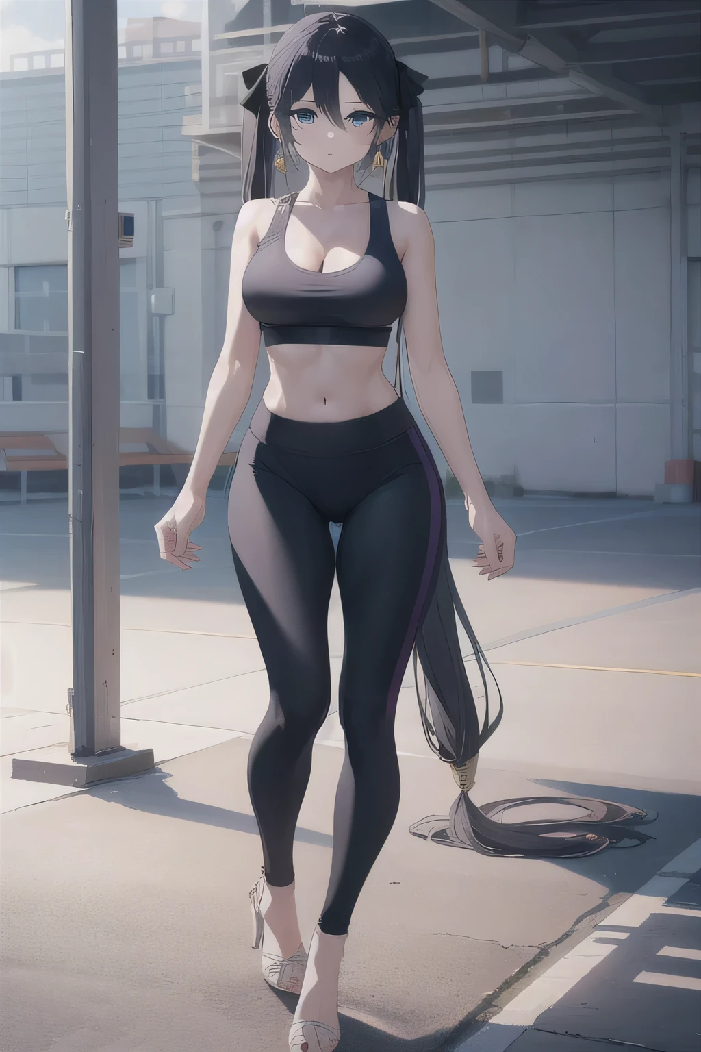 One girl、Monamegistuona、solo、Blue eyes、Hair between the eyes、Twin tails、hair bow、Very long hair、Purple Hair、Big Breasts、(Large Breasts:1.2)、Earrings、Green sports bra、Black yoga pants、cleavage、naval、collarbone、midriff、High heels、sports bra with an green、yoga pants with an black、Long Hair、sports bra and yoga pants only、BREAK outdoors、city、BREAK looking at viewer、BREAK (masterpiece:1.2)、Highest quality、High resolution、unity 8k wallpaper、(figure:0.8)、(Beautiful attention to detail:1.6)、Highly detailed face、Perfect lighting、Highly detailed CG、(Perfect hands, Perfect Anatomy)、Are standing