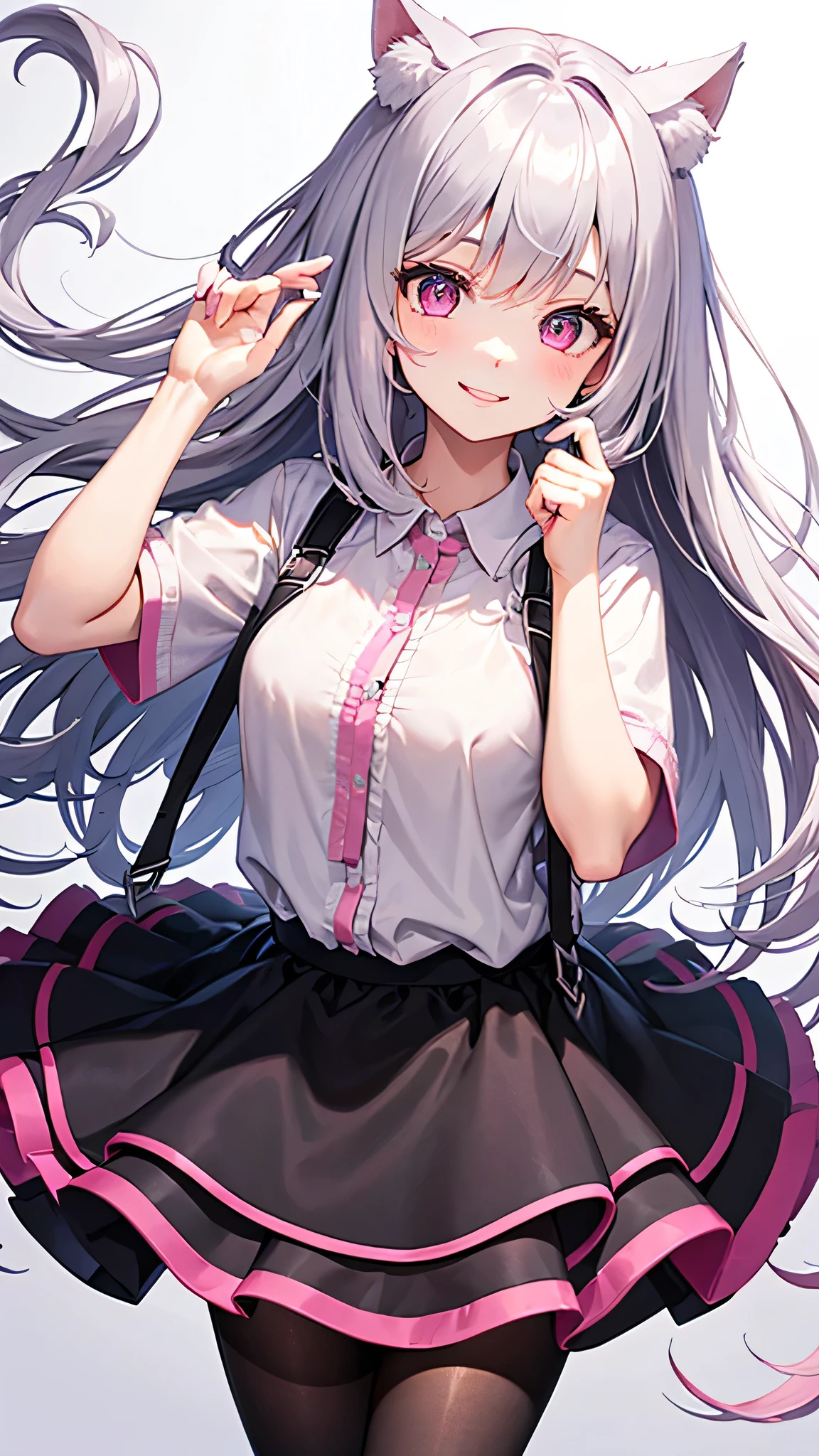 Center of chest,pretty girl,smile,Cat ear,Beautiful silver hair,Pink inside,Beautiful pink eyes,Oversized shirt、skirt、black tights
