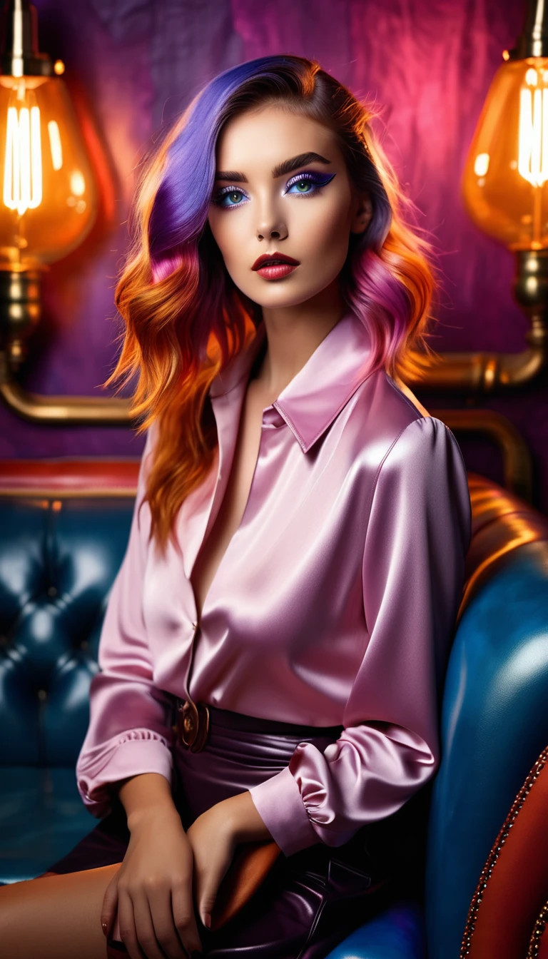 fullbody, (Fashion Model), pov, straight-on, Under the lighting of the studio, a delicate portrait of a woman stands out in front of me. She has dreamy and colorful hair, agile and profound eyes, sitting on a retro style leather sofa surrounded by carefully arranged props and background cloth. Her face is elegant and three-dimensional, her figure is natural, and her eyes look into the distance, full of artistic and mysterious feelings, as if it is a profound interpretation of beauty, life, and soul,photography studio, female portrait, colorful hair, vivid eyes, retro style, leather sofa, props, background cloth, purple, blue, orange, pink, gold, silky, flexible, iris, lashes, curved, lips, red, full, upturned corners, nose, bridge, elegant, natural, gaze, distant, artistic, mysterious, beauty, life, soul