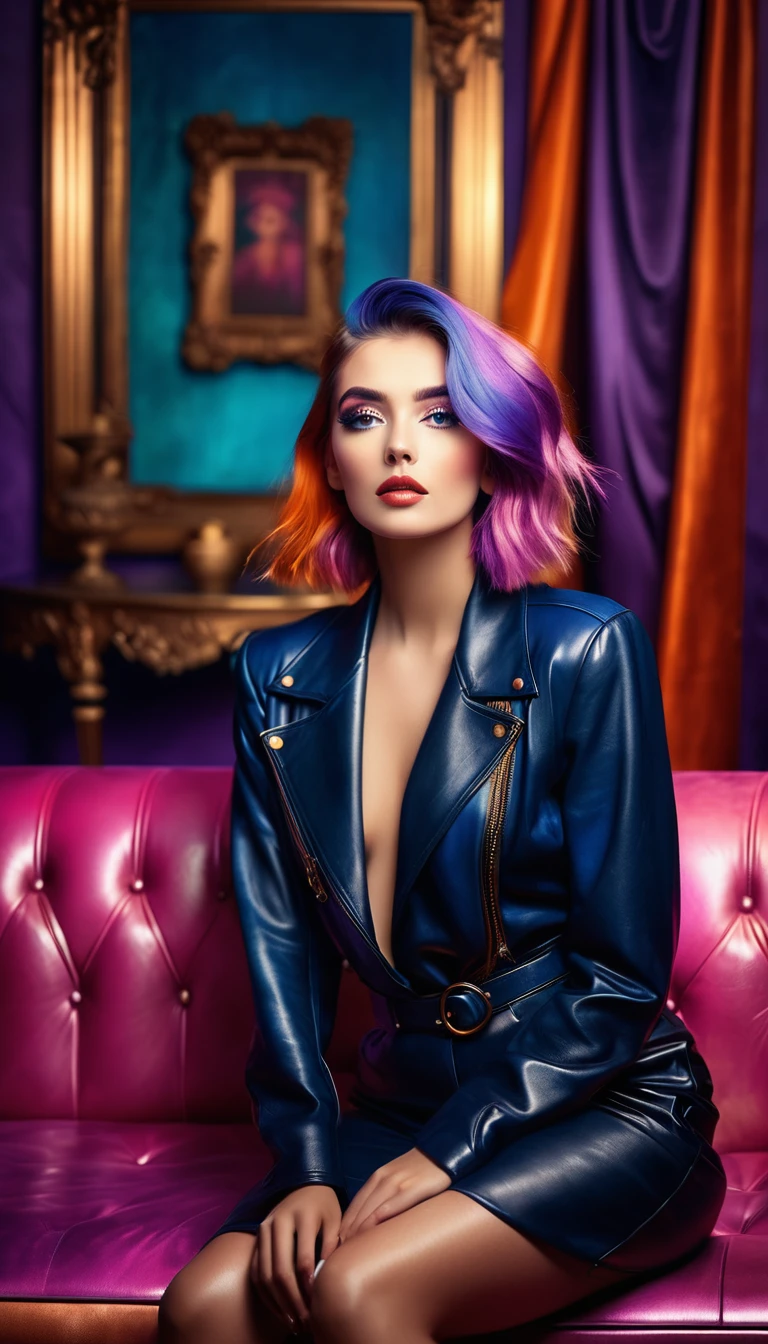 fullbody, (Fashion Model), pov, straight-on, Under the lighting of the studio, a delicate portrait of a woman stands out in front of me. She has dreamy and colorful hair, agile and profound eyes, sitting on a retro style leather sofa surrounded by carefully arranged props and background cloth. Her face is elegant and three-dimensional, her figure is natural, and her eyes look into the distance, full of artistic and mysterious feelings, as if it is a profound interpretation of beauty, life, and soul,photography studio, female portrait, colorful hair, vivid eyes, retro style, leather sofa, props, background cloth, purple, blue, orange, pink, gold, silky, flexible, iris, lashes, curved, lips, red, full, upturned corners, nose, bridge, elegant, natural, gaze, distant, artistic, mysterious, beauty, life, soul