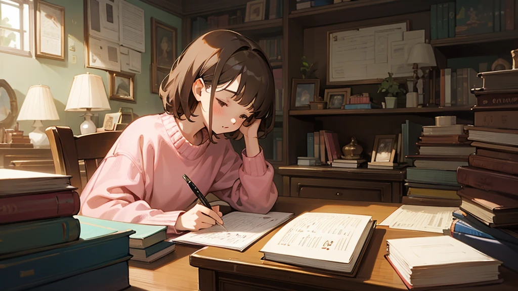 An animated scene of a young person studying diligently at a cluttered desk. The sleeping woman, with short brown hair and wearing a pink sweater, is writing in a notebook with intense focus, holding a pen in one hand and a piece of paper in their mouth. The desk is filled with books, papers, and a desk lamp, and a calendar is visible on the wall behind. Shelves filled with more books and various items can be seen in the background, creating a studious and hardworking atmosphere.