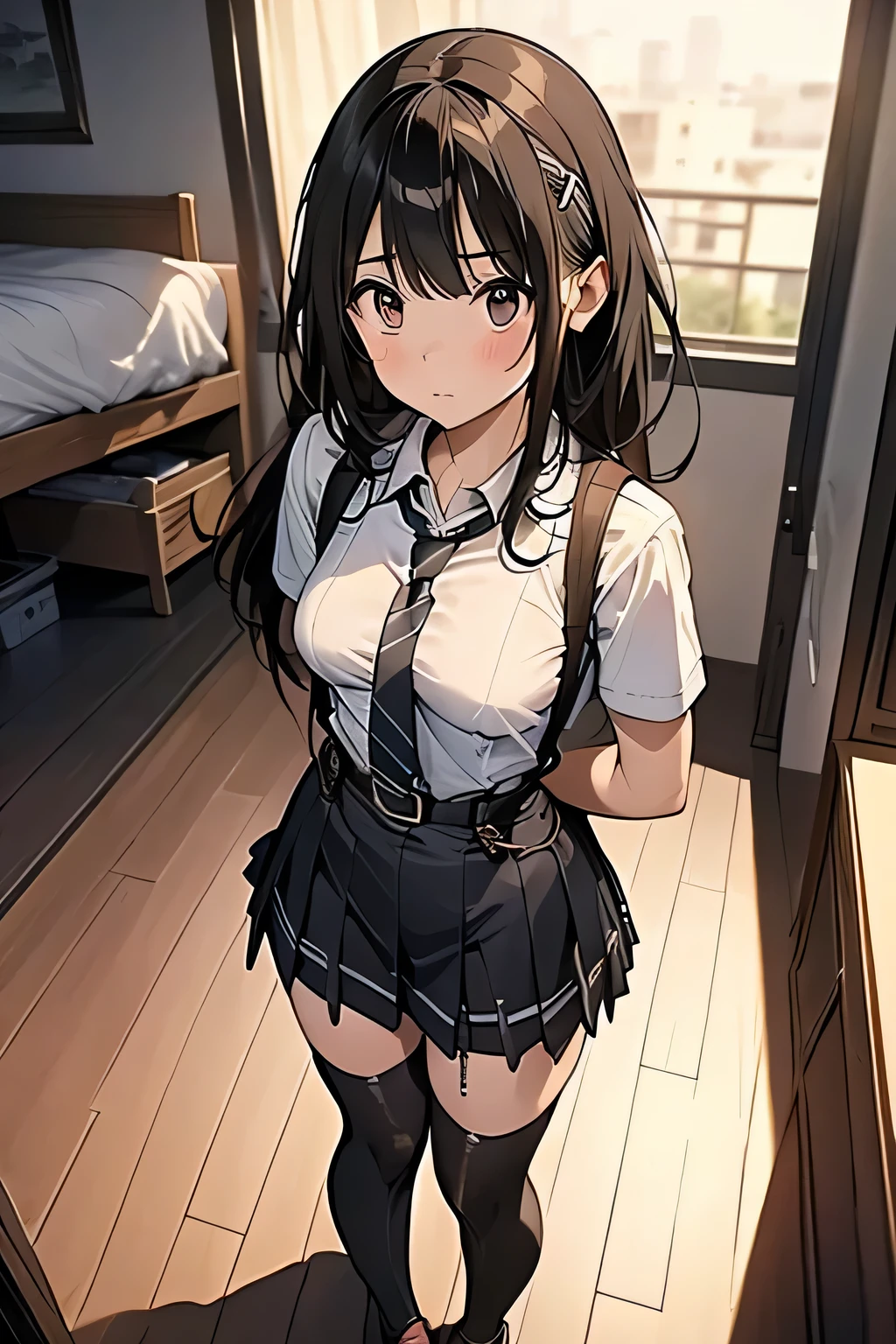 1 female, , high quality, masterpiece, Ultra-high resolution, , Cinema Lighting, , , And the suspenders with the cranes flying Moderate breasts Large Breasts Small face holster Lying in bed Looking up Sweat belt summer 脇Sweat Black Hole Gloves suit garterbelt Leg Links ズボンにbelt holster Hands behind your back Anxious expression Looking up Anxious face Knee-high Knee socks Knee-highソックス garterbelt garter ふとももにgarterbelt Checkered mini skirt Necktie Headband ribbon