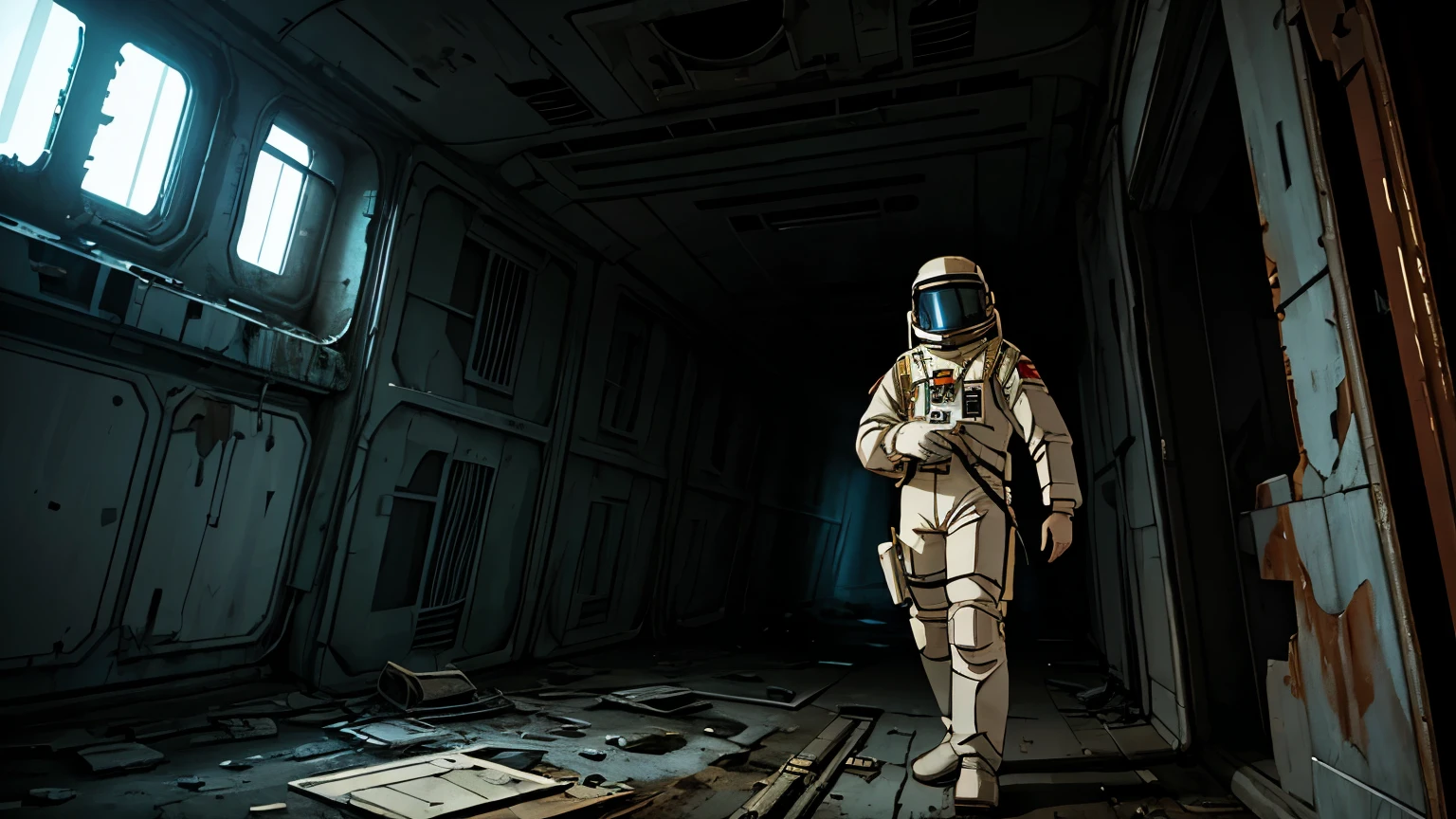 masterpiece, great detail, astronaut, White uniform, Alone, abandoned ship, wrecked ship, low light, destroyed hallways