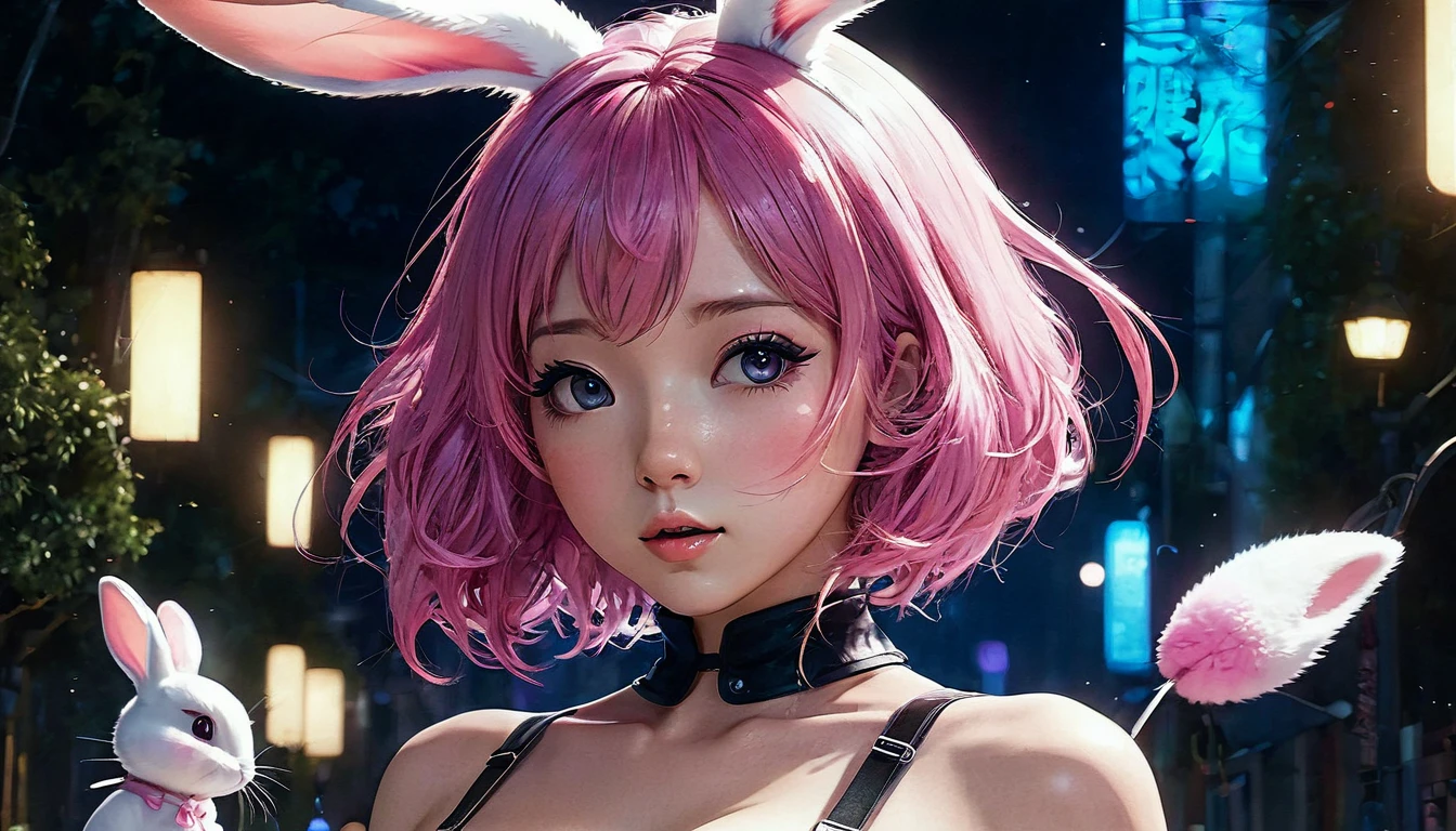 Cute sexy girl, Pink Hair, Bunny Girl,Large Breasts，Surreal, Detailed lighting, Japanese Animation