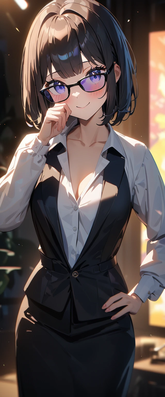 (((One Girl))), 長い緑の髪の女の子,インナーカラーに白い髪, Bobcut, (Cowboy Shot), ((sunglasses, hand to sunglasses)), (View your viewers), Focus on the face, teenager, Tilt your head:1.3, ((())), ((Smile)), ((blush)), Contrasting, Place one hand on hip, (((Exposed clothing))), School summer clothes, (((Open collar))), White shirt, ((Formal clothing)), skirt, Black vest, Anime Style, (Highest quality, 4K, 8K, High resolution, masterpiece:1.2, Super detailed, Super detailed eyes, High resolution, 超High resolution, Studio Lighting, Ultra-fine painting, Sharp focus, Physically Based Rendering, Very detailed explanation, Professional, Vibrant colors, Bokeh)