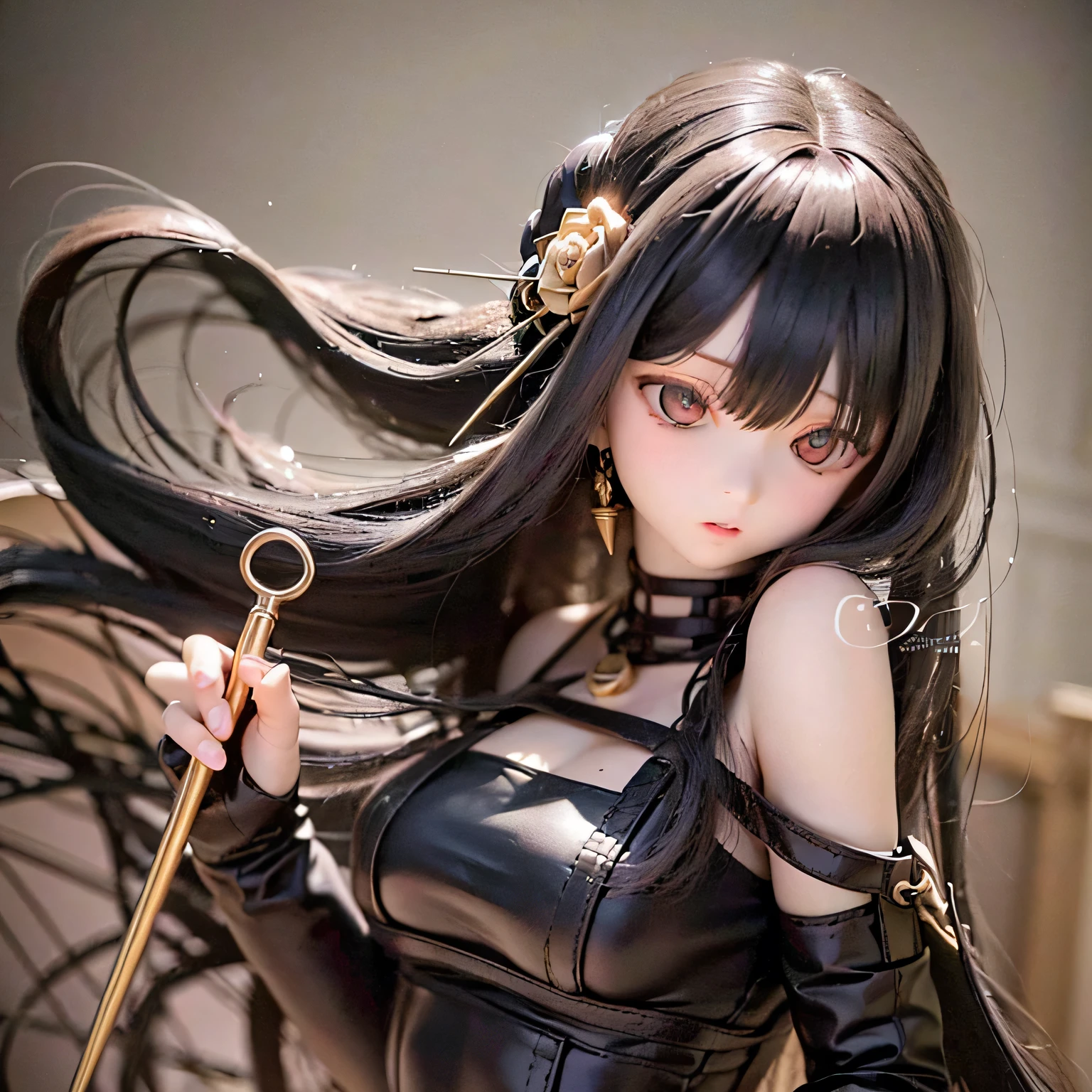 (best quality,4k,highres,masterpiece:1.2),ultra-detailed,realistic,long black hair,beautiful detailed eyes,beautiful detailed lips,nude,wielding weapons,long flowing hair,serious expression,dark atmosphere,sharp focus,detailed weapon,studio lighting,vivid colors,physically-based rendering