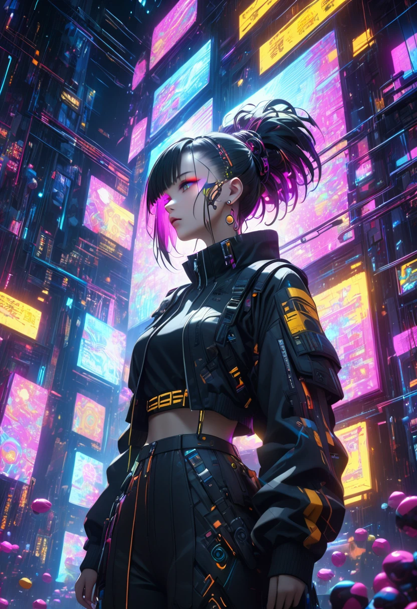 A girl in a colorful cyber space, detailed cyberpunk girl, wearing cyberpunk outfit, cyberpunk hairstyle, lots of floating sweets in cyberspace, neon lights, glowing cyberspace, surreal cyberscape, psychedelic colors, dramatic lighting, cinematic composition, (best quality,4k,8k,highres,masterpiece:1.2)