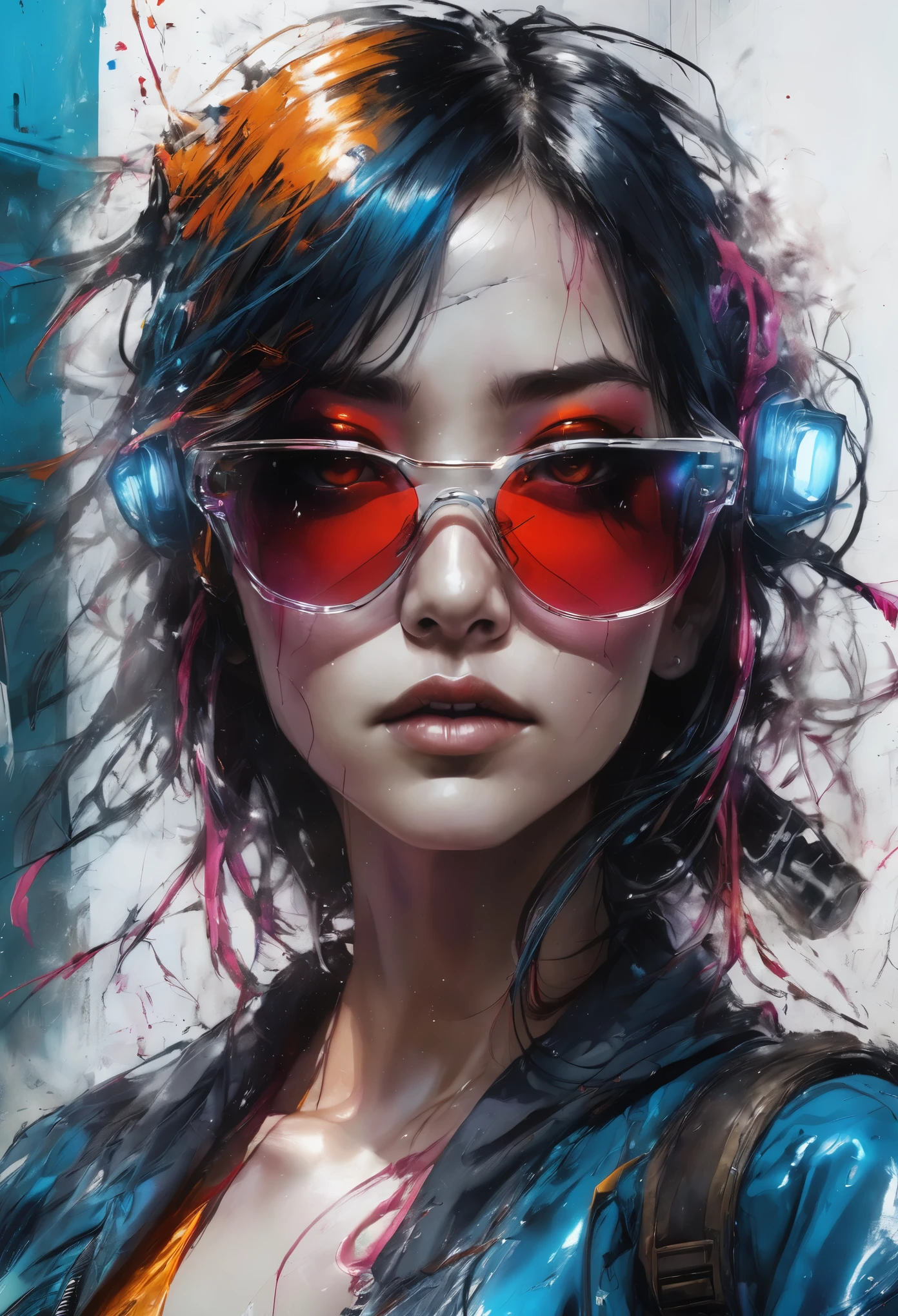 设计一幅数字Art work，Portraying a futuristic femme fatale，, reflective glass glasses and a Smooth, High-tech texture, Center, Nearly perfect, Dynamic, Very detailed, Art Station, Concept Art, Smooth, Clear focus, illustration, Art work：carne griffiths 和 wadim kashin, Graffiti airbrush technique, HD, Accent Lighting, Contrast with bright paint colors