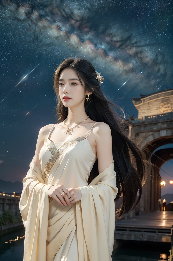 (((best quality))),(((ultra detailed))),(((masterpiece))),illustration,((1 beautiful girl,solo)),(shoulder length straight hair:1.2),((earrings,necklace)),((slim,thin)),((small breasts,flat chest)),(gorgeous red Hanfu:1.3),(standing:1.3),(on the stone arch bridge:1.3),((starry sky,the Milky Way,horizon)),elegance, grace, sophisticated updo, delicate hairpins, twinkling stars, radiant smile, bright eyes, wonder, beauty of the night sky, intricate patterns, flowers, birds, vibrant colors, ethereal, enchanting, old bridge, weathered, sturdy, natural surroundings, serene, peaceful atmosphere, rippling water, stars, graceful silhouette, magic, tranquility, twinkling stars, mesmerizing canopy of light, cool air, crisp, faint scent of blooming flowers, contemplation, admiration, ancient China, timeless, rich culture, traditions, captivating, enchanting atmosphere, myth, legend,((from front,upper body))
