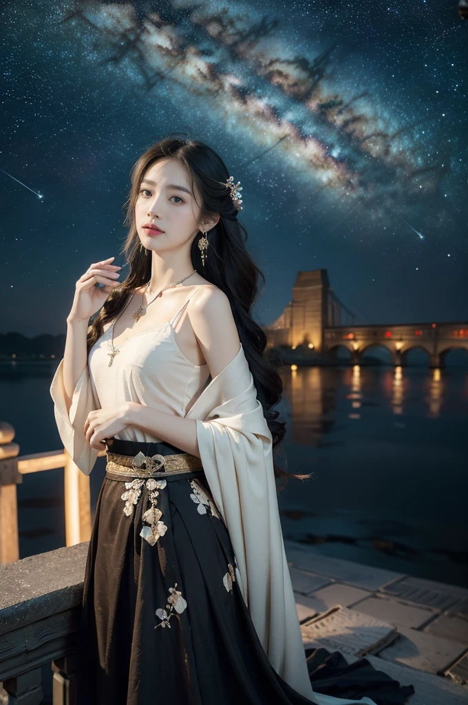 (((best quality))),(((ultra detailed))),(((masterpiece))),illustration,((1 beautiful girl,solo)),(shoulder length straight hair:1.2),((earrings,necklace)),((slim,thin)),((small breasts,flat chest)),(gorgeous red Hanfu:1.3),(standing:1.3),(on the stone arch bridge:1.3),((starry sky,the Milky Way,horizon)),elegance, grace, sophisticated updo, delicate hairpins, twinkling stars, radiant smile, bright eyes, wonder, beauty of the night sky, intricate patterns, flowers, birds, vibrant colors, ethereal, enchanting, old bridge, weathered, sturdy, natural surroundings, serene, peaceful atmosphere, rippling water, stars, graceful silhouette, magic, tranquility, twinkling stars, mesmerizing canopy of light, cool air, crisp, faint scent of blooming flowers, contemplation, admiration, ancient China, timeless, rich culture, traditions, captivating, enchanting atmosphere, myth, legend,((from front,upper body))
