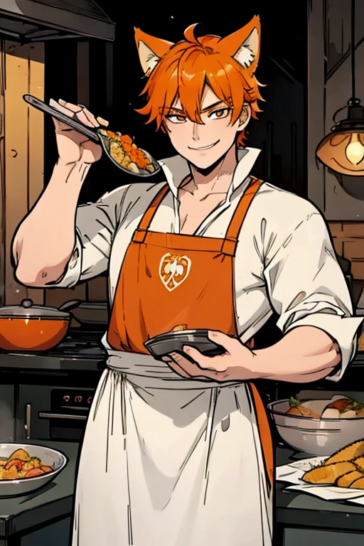 Perfect face. Perfect hands. An orange haired male cowboy with orange eyes and orange fox ears and an orange fox tail in a sheriff's outfit is smiling while making dinner in the desert of a wild west town