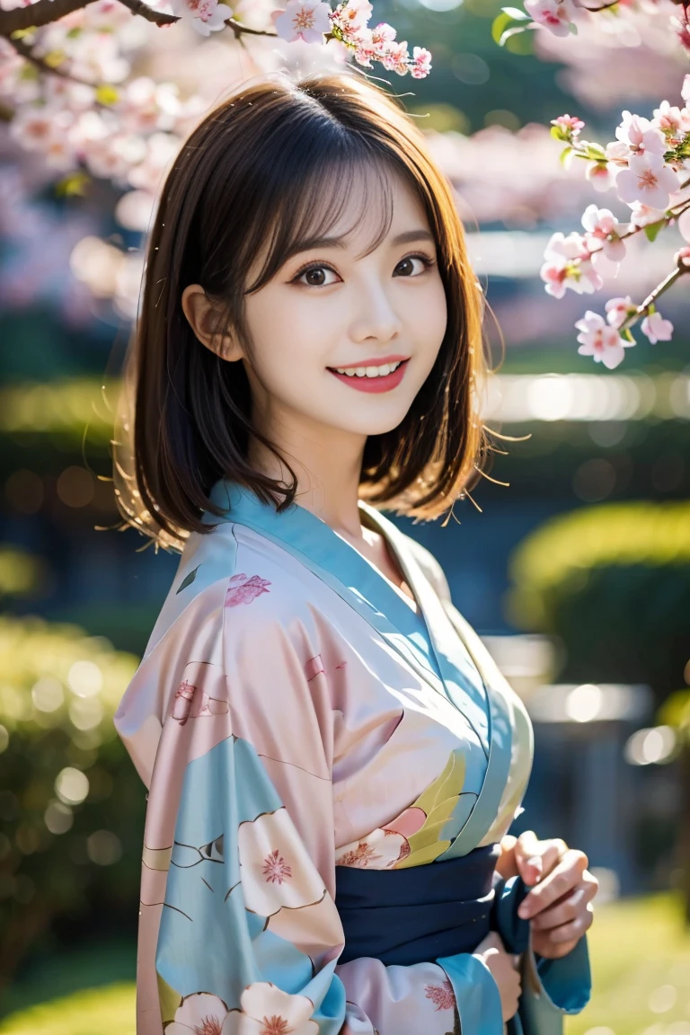  "Beautiful Japanese woman, 25 years old, oval face, high cheekbones,
 almond-shaped brown eyes, small nose, full lips, clear pale skin, long straight black
 hair reaching mid-back, slender build (height 160cm), gentle smile showing slight
 dimples, natural makeup with subtle pink lipstick, wearing a modern floral pattern
 kimono in pastel colors, obi in contrasting dark blue, standing in a traditional
 Japanese garden with cherry blossoms, soft natural lighting, shallow depth of field,
 high-quality digital photography, 8k resolution, hyperrealistic details--ar 2:3--q 2--s
 750--v 6.0"