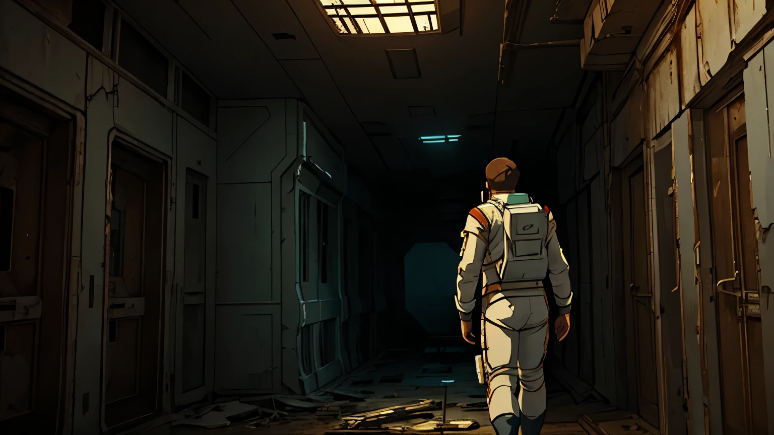masterpiece, great detail, astronaut, White uniform, Alone, abandoned ship, wrecked ship, low light, destroyed hallways