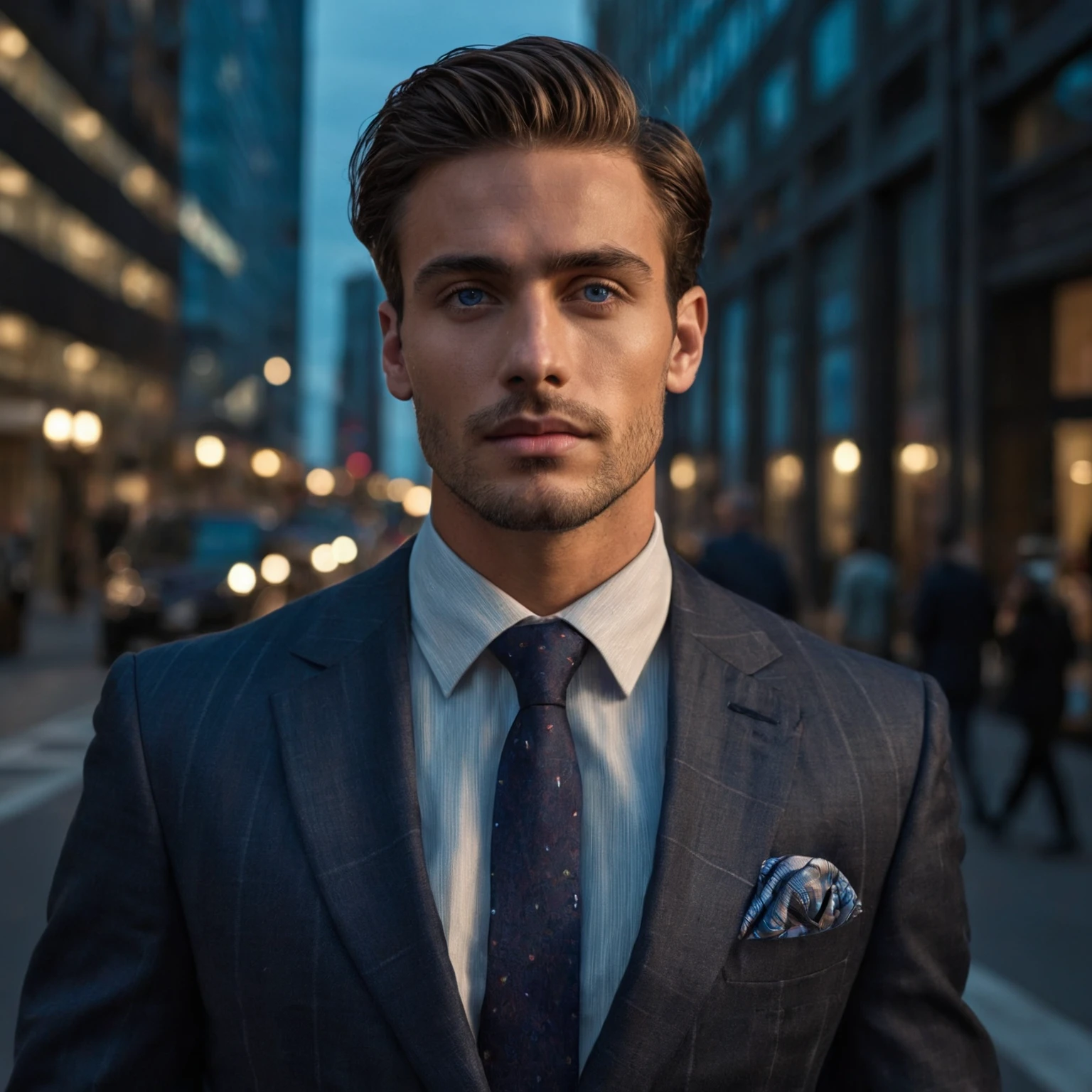 arafed man in a suit and tie standing on a city street, suit ， perfect face,blue eyes, brown hair, attractive man, handsome man, wearing a business suit, wearing suit, dressed in a suit, wearing a suit and a tie, wearing a suit, tailored clothing, handsome male, suit and tie, wearing business suit, well - dressed, wearing a suit and tie
