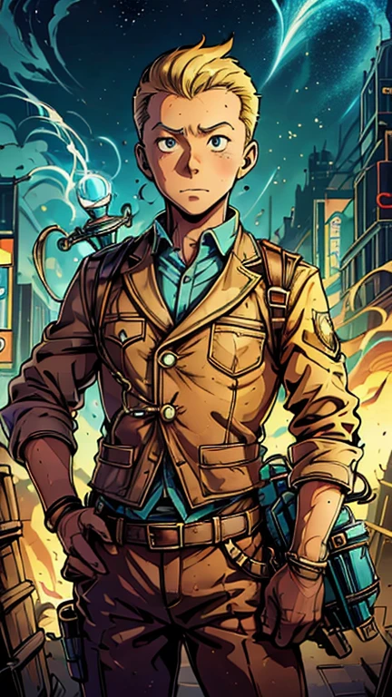 (Teens:1boy: Tintin, AetherPunkAI), (extremely detailed CG unit 8k wallpaper),(master part), (best quality), (ultra detali), (best illustration),(melhor ombre), cowboy shot, (Sharp eyeliner, ombre, detailedeyes:1), Dark, midnight, Tokyo City background, ,break , (star15escola:1.2), upper body,short hair, blonde hair, 1man, Tintin,1boy, blue top, brown pant