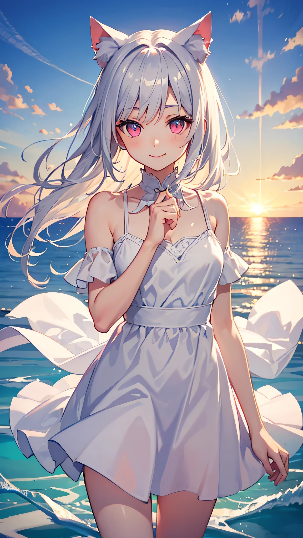 Medium chest,pretty girl,smile,Cat ear, Beautiful silver hair,Pink inside,Beautiful pink eyes,White dress,sea,sunrise,ice