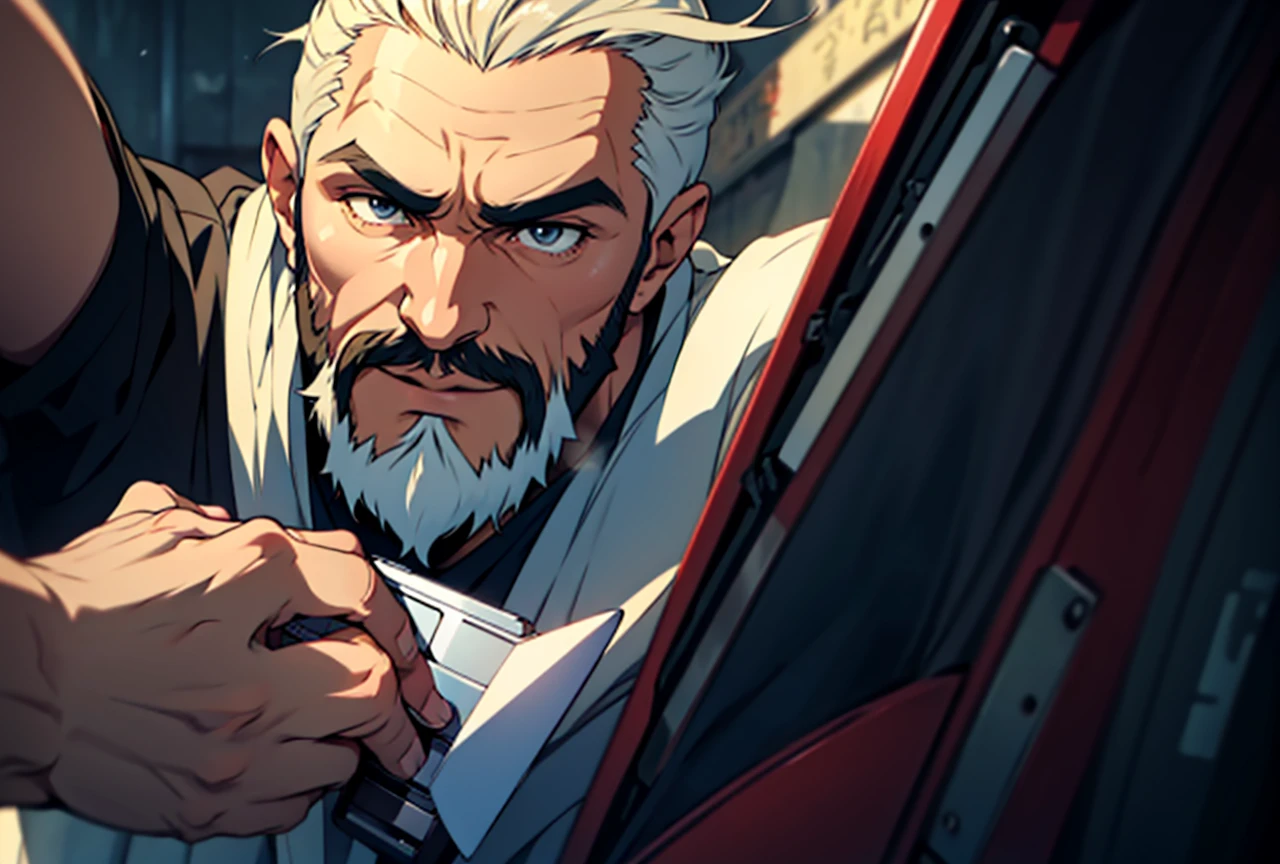 anime style ,beared man captures detail camera