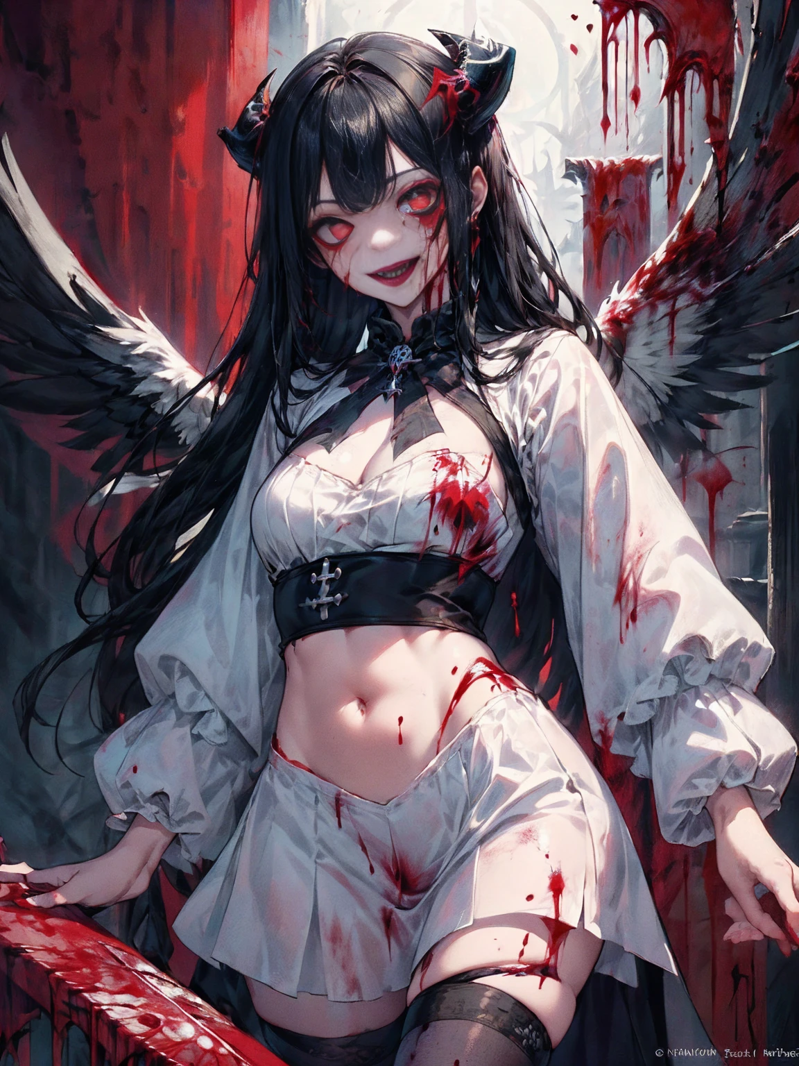 (Highest quality,4K,High resolution,masterpiece:1.2),Very detailed,Realistic:1.37,Spooky altar background,Dark fantasy,Red color scheme,Ominous atmosphere,Eye-catching,Storytelling,anatomy,Anime Style,Concept Art,beautiful細部までこだわった顔と (((Red eyes ))),A terrifying ritual ,Satanic Ritual,Premature death,inappropriate behavior,クレイジーなsmile,Scythe Face,Girl Monster, beautiful, Delicate facial features, Sharp Eye, Sharp Fangs, pale skin, Thick chain, Dark Background, Cinema Lighting, Dramatic Shadows, Gothic style, Gloomy atmosphere, Dark fantasy, One Girl, , Please open your mouth wide, Open your mouth and baring your teeth,Sharp teeth like a beast, Wide lips, very wide mouth, Vermilion cheeks, ,(Blood splatter:1.4),Scary smile, smile,Fallen angel design, Twisted smile、Bloody、bleeding from the head,,,,,、Blood splatter、,(Blood splatter:1.4),Crossbones, skull,Horror Style, ((Fantasy Fallen Angel Costume)), ((Flowing black hair)), ,(Blood splatter:1.4),Female curves, Sexy flat stomach, Perfect hands, Perfect anime face, ((White Lolita Dress)), Are standing, ((邪悪なsmile)), ,(Blood splatter:1.4), Steam circulates, Moonlight Illumination, night lighting, disaster々new devil horns,,(Blood splatter:1.6),アニメFallen angel design, Twisted smile、Bloody、bleeding from the head,,,,,、Blood splatter、,(Blood splatter:1.4),Crossbones, skull,Gothic architecture、Western architecture、Fantasy World、,Victorian cities, Skeleton Gas Light,Absurd, High resolution、 ((Tabletop)), ((Highest quality)), (Very detailedな), ((Very detailed)), (beautiful), ((pretty girl)), (NFSW:1.8), alone,(10 years old:1.6)、(world&#39;The most terrifying and creepy demon girl:1.5)beautiful face、Whole Body Ezbian、pale, Beautiful Skin、beautiful黒の髪、Smiling Kindly、Dark building ruins、(snow white&#39;Frill dress:1.3)、(The dark ruins are stained with blood:1.3)、Low angle full body shot、(少女は血の海の中にAre standing:1.5)、(The ground is full of blood:1.3)、(The girl lost a lot of blood...:1.3)、)、(クレイジーなsmile:1.6)、Spirits、(Blood dripping from the mouth:1.3)