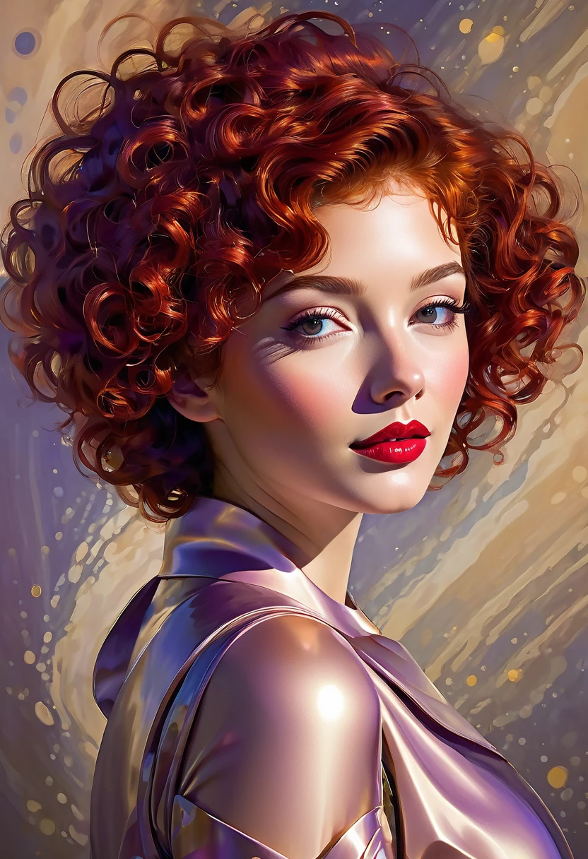 High-quality realistic acrylic painting, lateral back view, VIVID COLORS, a beautiful woman with short curly red hair, red lips, looking at the viewer with suspicious face and a shy smile. She wears beige AND purple shiny ultra-glossy armor, with the hands in waist, against a deep space background